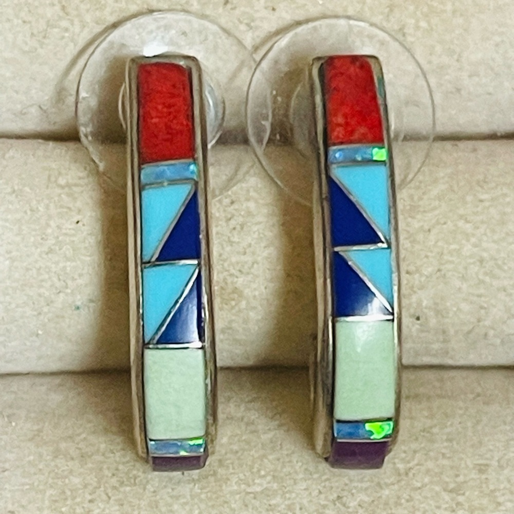 VTG NATIVE AMERICAN ZUNI Sterling Turquoise Coral Pearl Opal Inlai Hoop Earrings